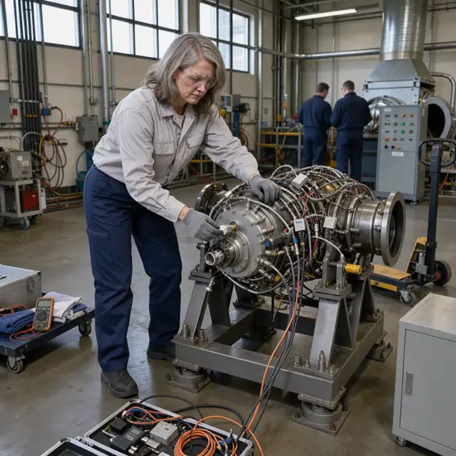 a technician connecting instrumentation to an aircraft engine mounted on a test stand inside an enclosed test cell