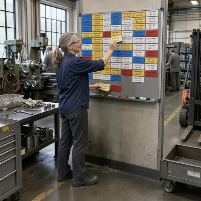 a worker updating a large wall-mounted production schedule board with magnetic cards showing part numbers and due dates in a machine shop
