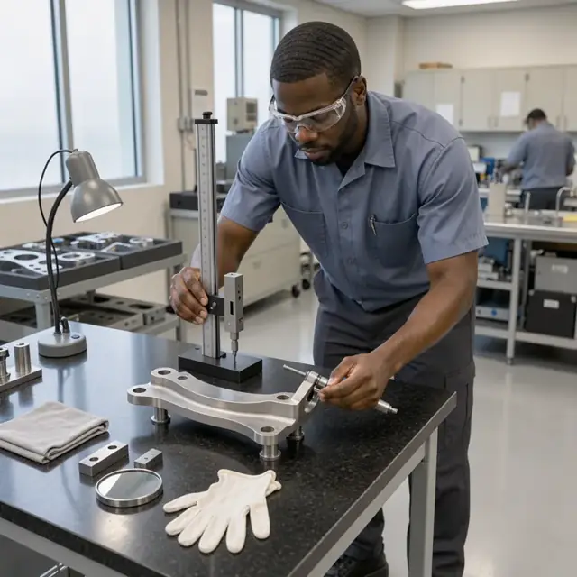 a technician using a height gage and micrometer to measure a machined aircraft bracket on a granite surface plate in a clean inspection room