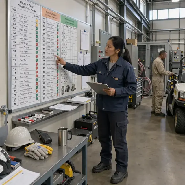 a worker reviewing a wall-mounted status board showing upcoming audit dates, training expirations and equipment certifications in a secure facility