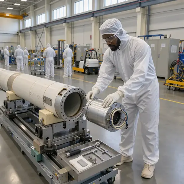 a worker in cleanroom coveralls aligning a guidance section to an airframe on a precision assembly fixture inside a high bay