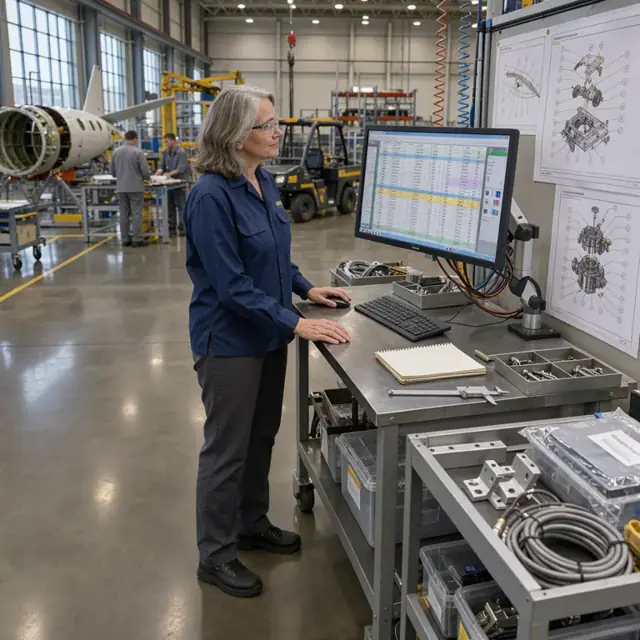 a manufacturing engineer standing at a large monitor updating a detailed bill of materials spreadsheet next to a wall covered with aerospace assembly drawings