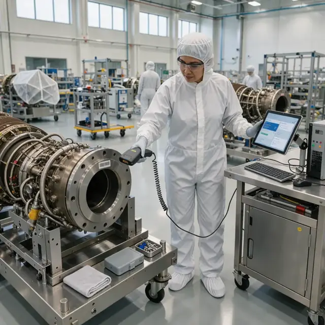a technician in cleanroom coveralls scanning a barcode on a rocket engine component while updating a digital traveler at a workstation