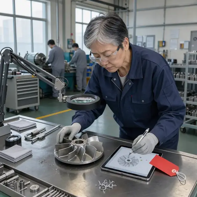 a quality inspector examining a machined propulsion part under magnification and documenting findings on a digital tablet beside a red quarantine tag