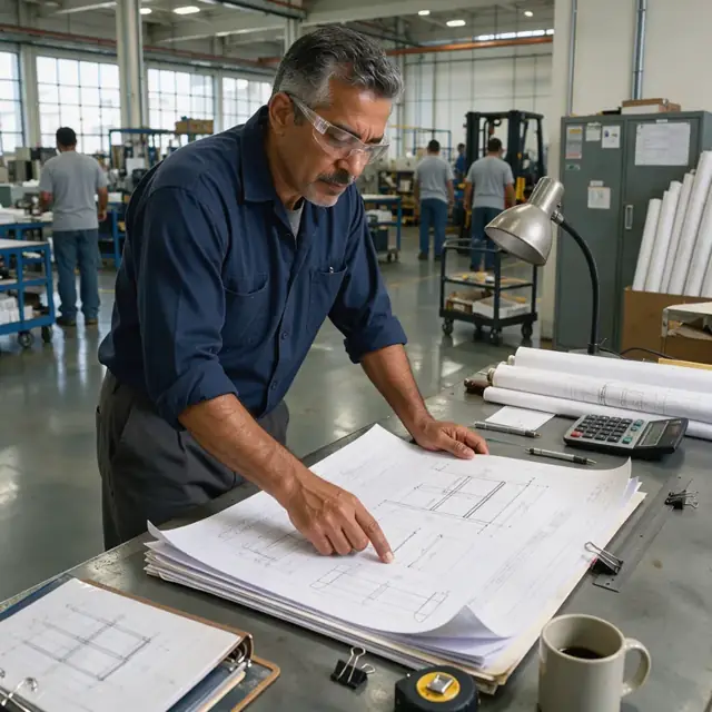 a technician reviewing a thick stack of technical specifications and drawings at a workbench inside a manufacturing office
