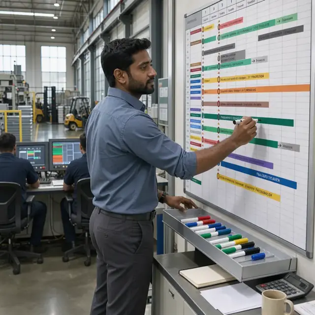 a planner updating a large wall schedule board with colored markers showing production milestones inside a manufacturing control room