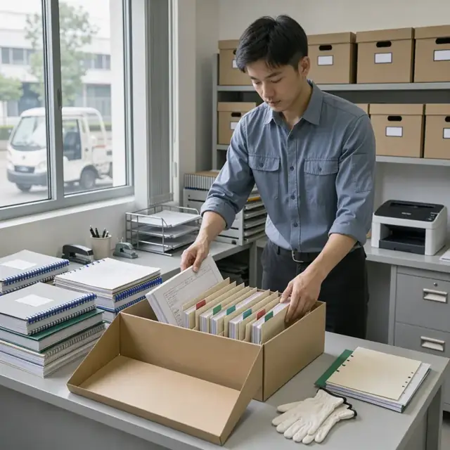 a worker organizing bound inspection reports, material certificates and traceability logs into an archival storage box at a clean desk in a document control office