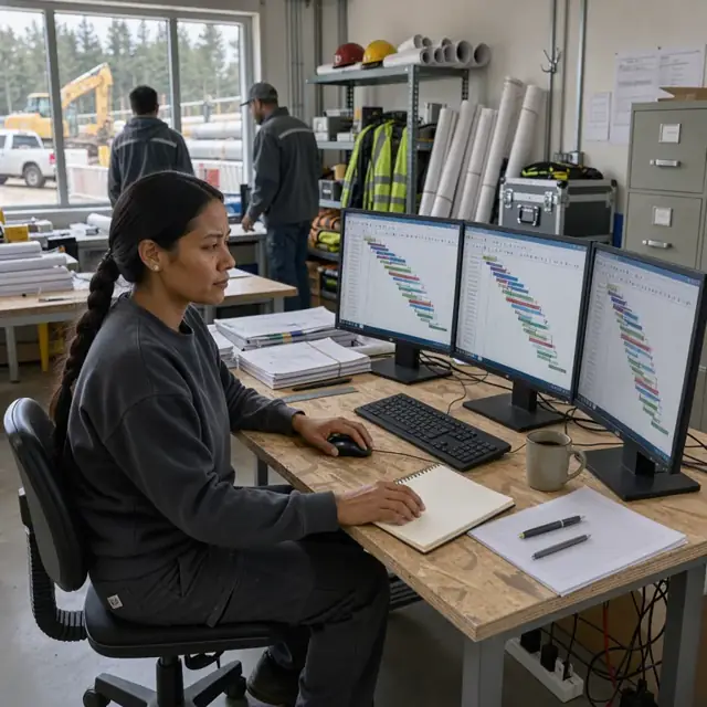 a workstation with multiple large monitors displaying Gantt charts and stacks of rolled engineering drawings in the background