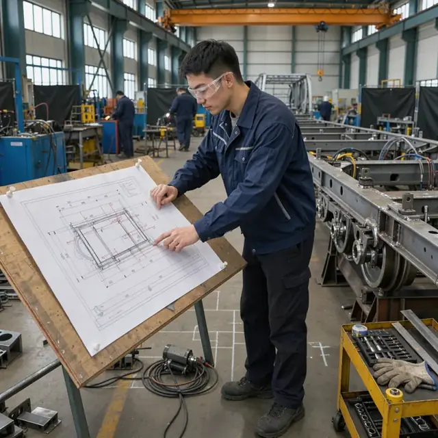 a worker wearing safety glasses reviewing a large revised engineering drawing pinned to a board next to a railcar frame in the assembly bay