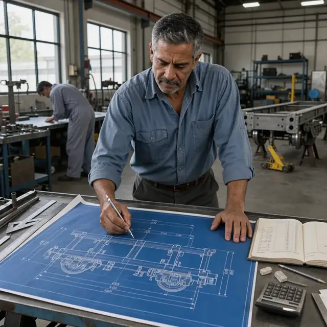 a drafting table covered with large blueprint drawings of a railcar underframe next to an open notebook with cost columns