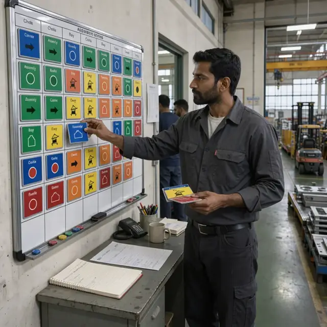 a large wall-mounted schedule board in a factory office covered with magnetic cards showing assembly bay status and crane availability