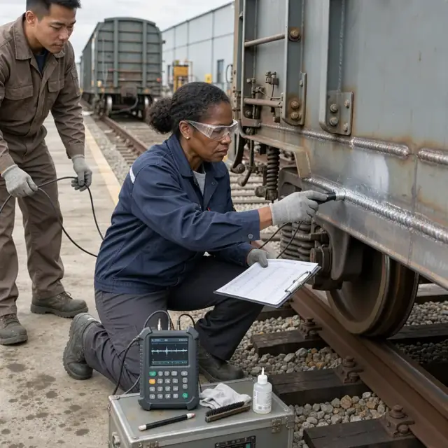 a technician using an ultrasonic testing device on a railcar weld seam while referencing a detailed inspection checklist on a clipboard