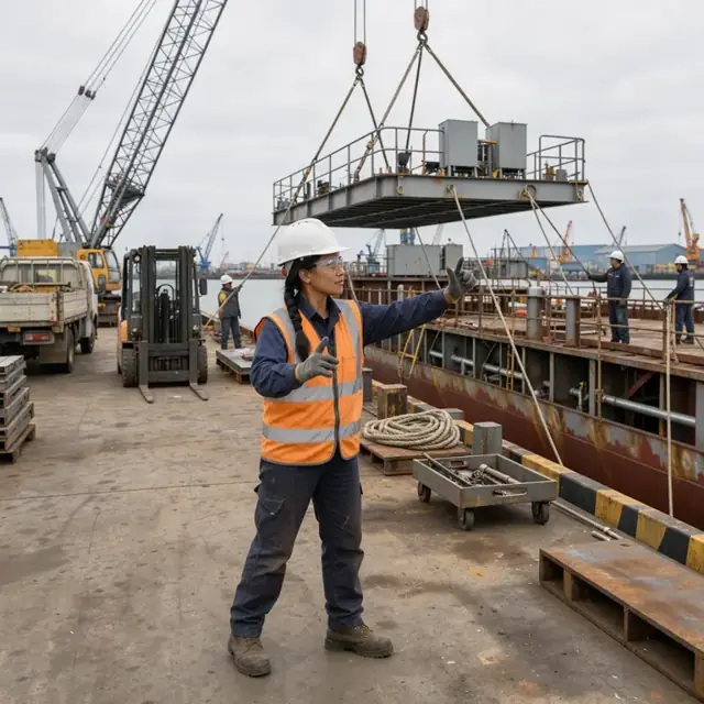 a worker in a safety vest directing a large crane lowering a pre-assembled deck module onto a ship under construction at the pier