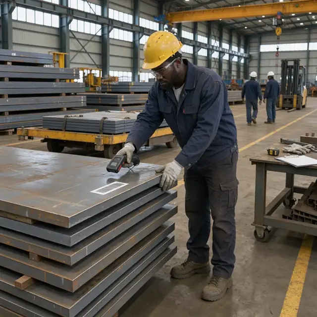 a worker in a hard hat scanning bar-coded steel plates with a handheld reader inside a large warehouse filled with stacked shipbuilding steel