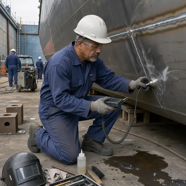 a technician in coveralls performing ultrasonic thickness testing on a freshly welded ship hull section in a dry dock