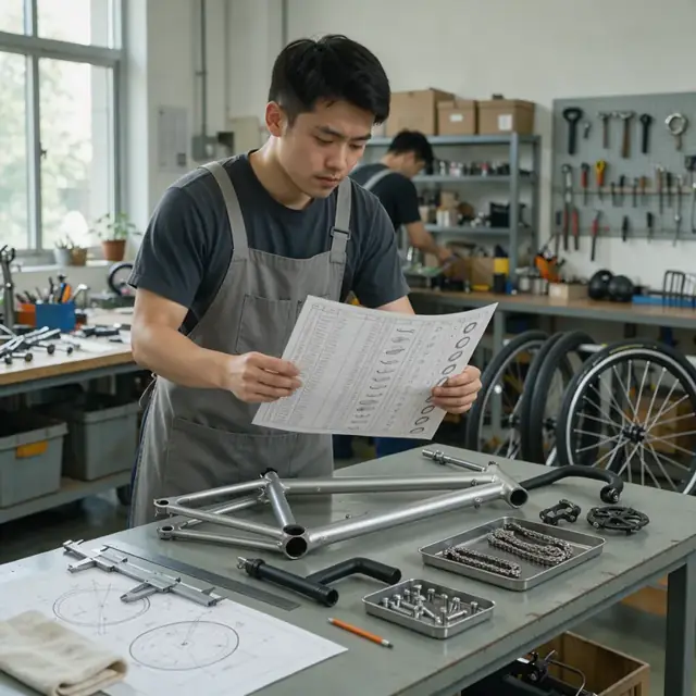 a worker examining a large printed bill of materials next to a disassembled bicycle frame on a clean assembly bench with calipers and drawings