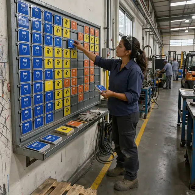 a worker standing at a large wall-mounted scheduling board with colored cards for welding, painting and assembly stations in a factory setting