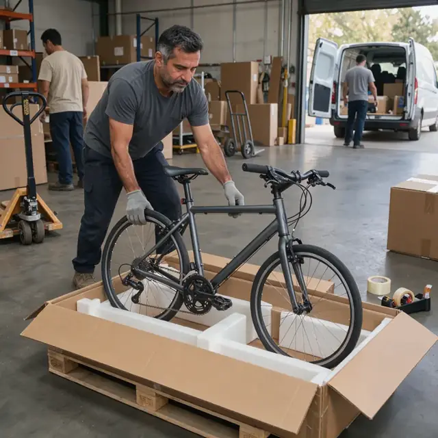 a worker carefully placing a fully assembled bicycle into a custom cardboard shipping crate lined with foam in a loading area