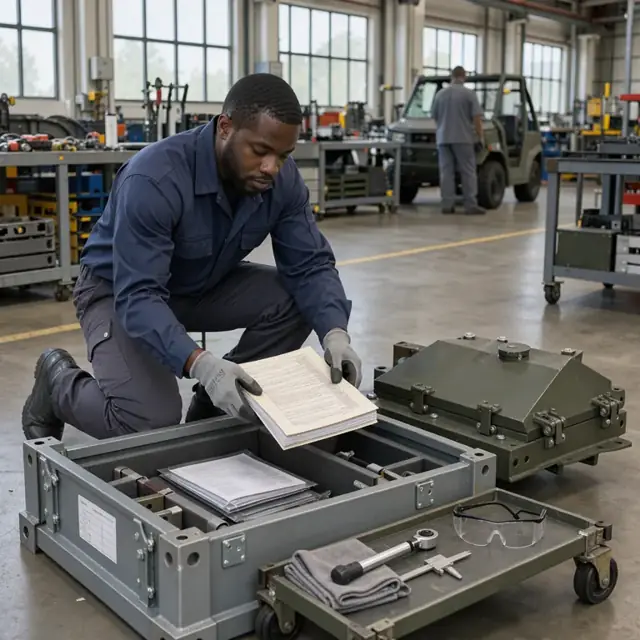 a technician carefully placing bound inspection reports and material certifications into a labeled shipping container beside a completed armored vehicle component