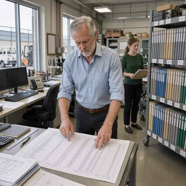a planner reviewing a large bill of materials printout next to shelves of neatly organized vendor certification folders in an engineering office