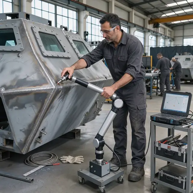 a technician using a portable coordinate measuring arm to inspect weld seams on a large armored vehicle hull inside a brightly lit fabrication bay