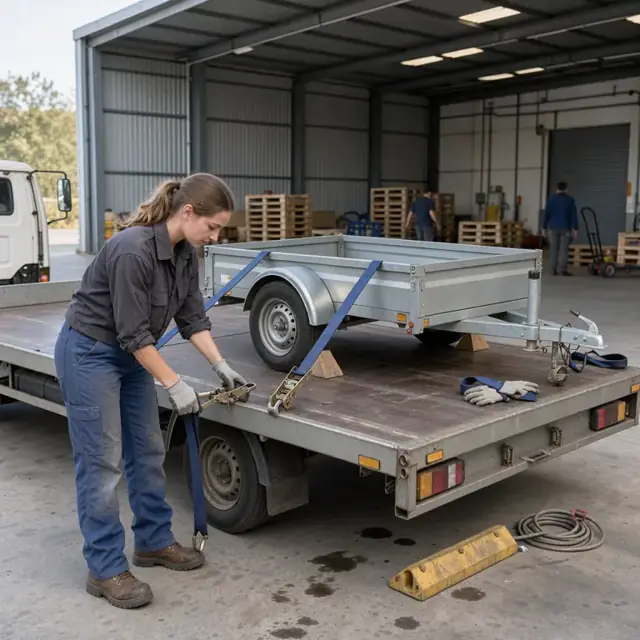 a worker securing ratchet straps over a completed utility trailer on a flatbed truck in a loading bay