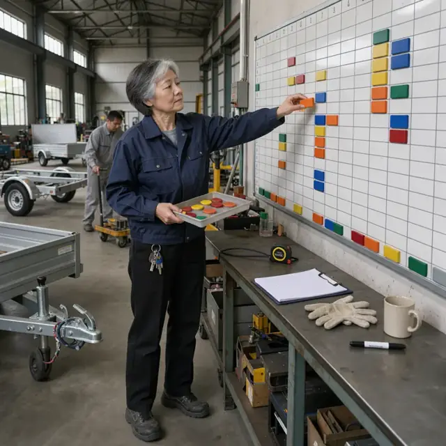 a worker updating a large wall-mounted production schedule board with colored magnets showing trailer builds in progress
