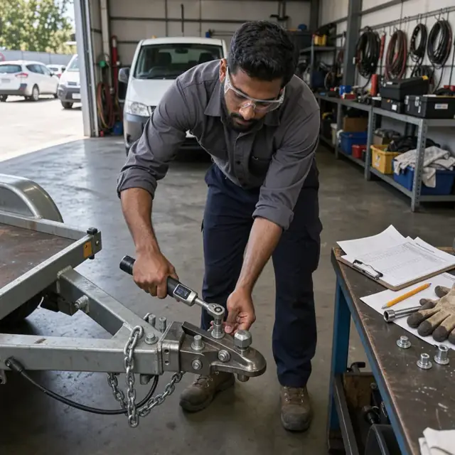 a worker using a digital torque wrench on trailer hitch hardware while referencing a multi-page inspection checklist on a workbench