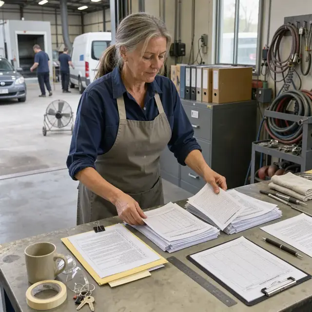 a worker at a shop desk organizing permit applications, material safety sheets and a clipboard with a spray booth ventilation log