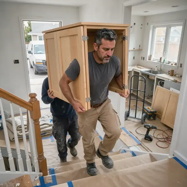 a worker carrying a finished maple cabinet up a staircase into a kitchen renovation site with protective floor coverings