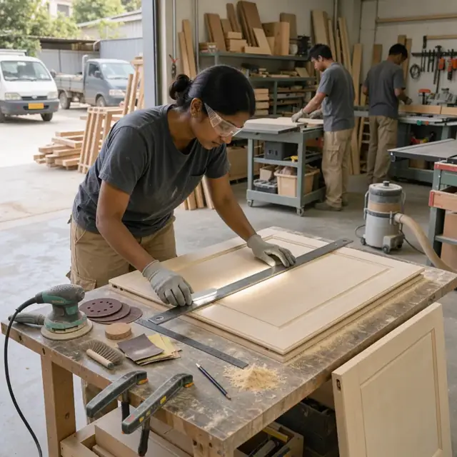a worker using a straightedge and light to check the flatness of a cabinet door on a workbench surrounded by sanding tools