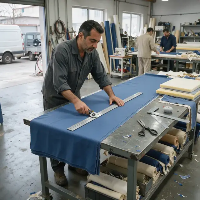 a large cutting table with a long spread of blue fabric, metal straightedge and rotary cutter beside stacked foam sheets