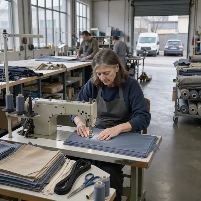 an industrial sewing machine with stacks of cut fabric pieces, zippers and spools of thread arranged for the next cover set