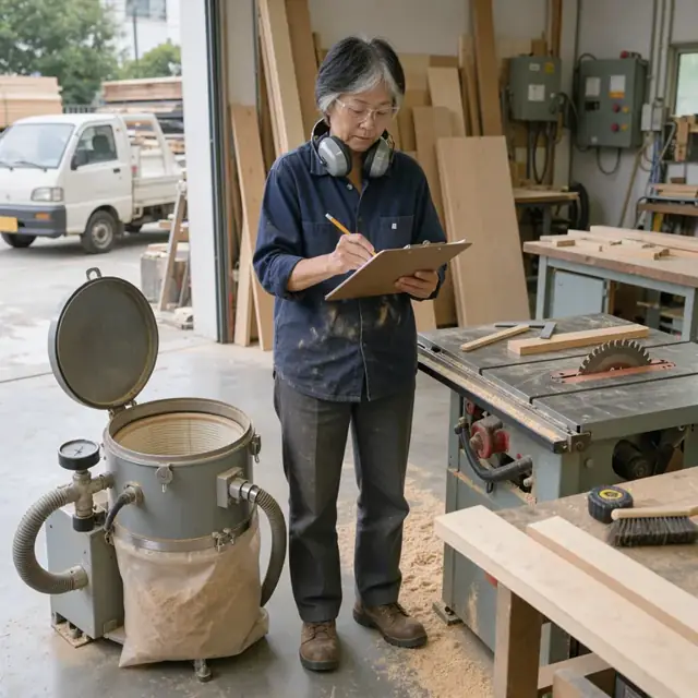 a woodworker checking a dust collector filter and recording readings on a clipboard next to a table saw