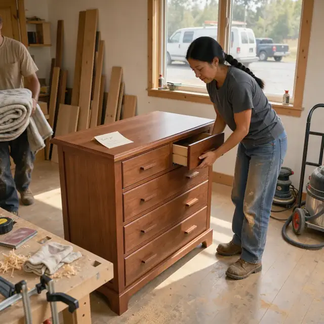 a completed cherry wood dresser standing in a sunlit room with a handwritten thank-you note placed on top