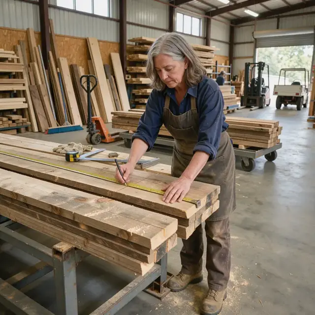 a woodworker measuring and marking rough lumber boards on a rack inside a well-lit lumber storage room
