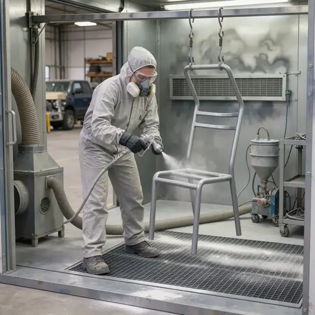 a worker in protective gear applying powder coating to a metal chair frame inside a spray booth with ventilation hoses