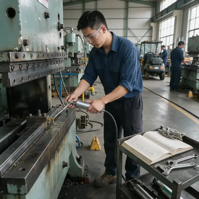 a worker using a grease gun on the ways of a large metal brake press next to an open maintenance logbook in a shop