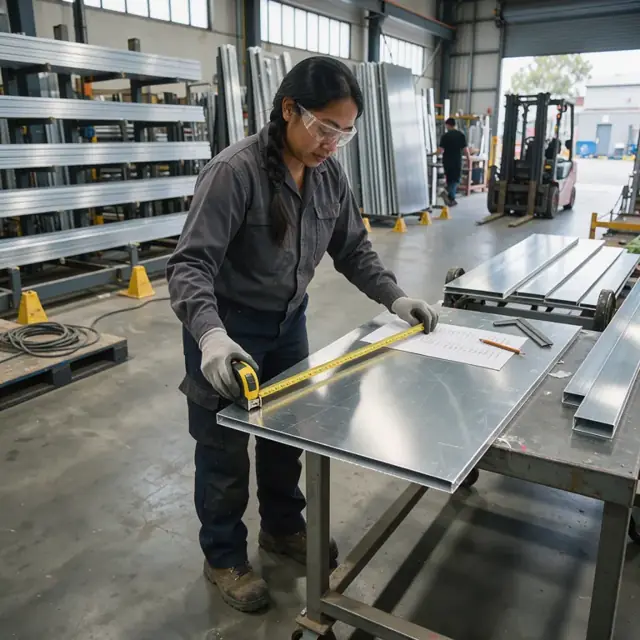 a worker measuring aluminum sheet stock against a cut list inside a warehouse rack area with organized bar and panel storage