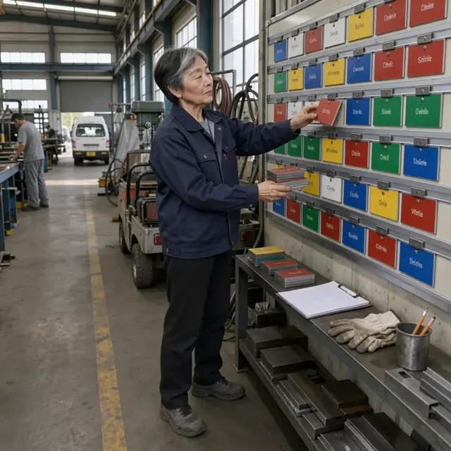 a worker standing at a large wall-mounted scheduling board updating magnetic cards showing machine status in a fabrication shop
