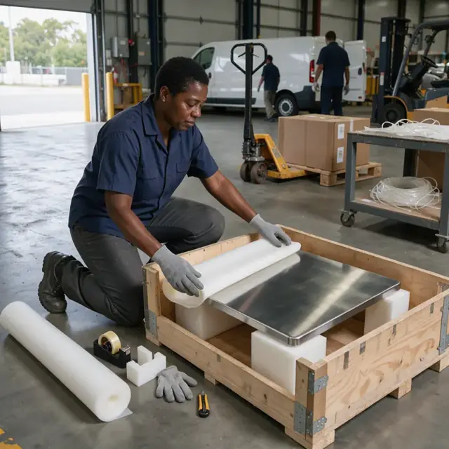 a worker wrapping a finished metal table top in protective foam inside a wooden shipping crate in a loading bay