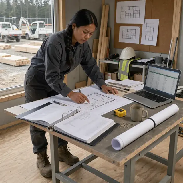 a drafting table covered with open specification binders, printed floor plans and a laptop displaying a bill of materials