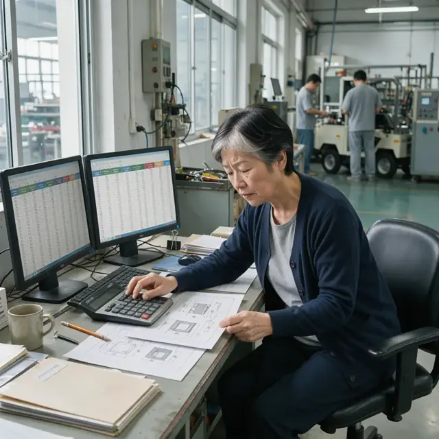 a workstation with multiple cost spreadsheets open next to printed product drawings and a calculator