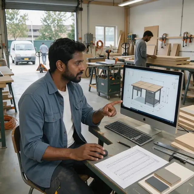 a large monitor displaying a 3D model of a modular institutional desk with detailed dimension callouts and a printed cut list beside it
