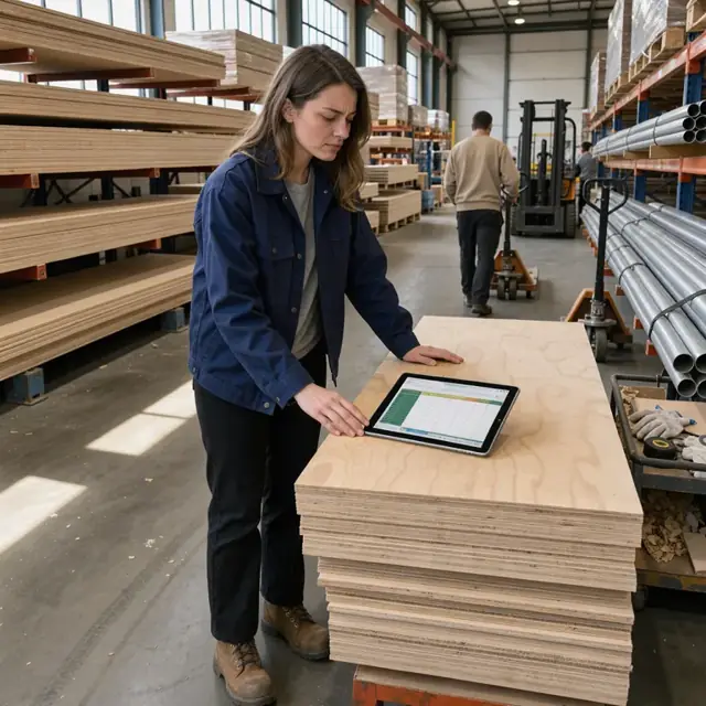 a warehouse aisle with stacked plywood sheets, metal tubing and a tablet showing an open inventory spreadsheet