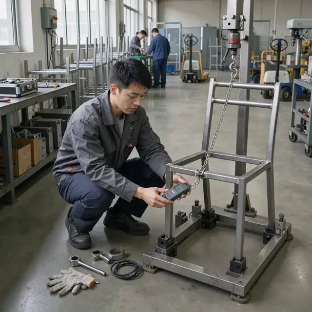 a technician using a force gauge to test the load capacity of a steel institutional chair frame on a shop floor test station