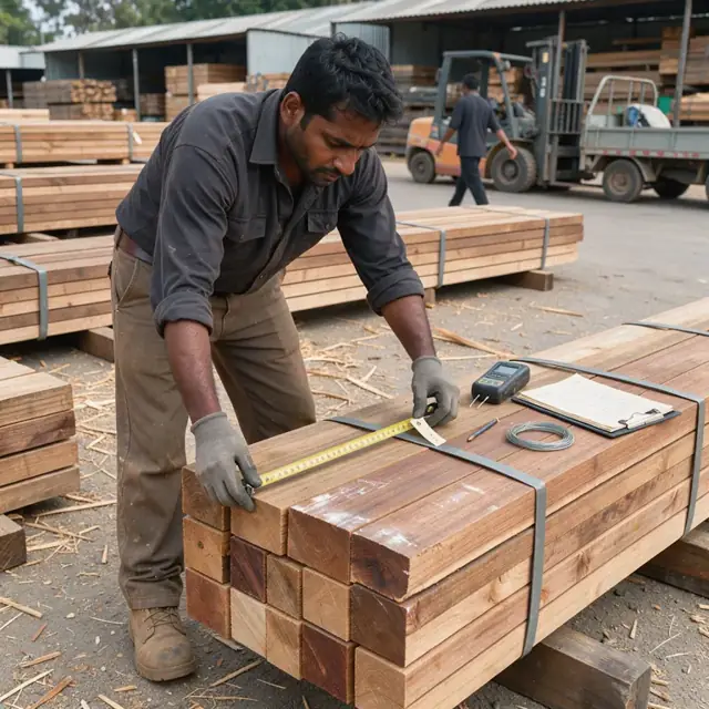 a worker in a lumber yard measuring and tagging bundles of hardwood boards next to a moisture meter and inventory clipboard