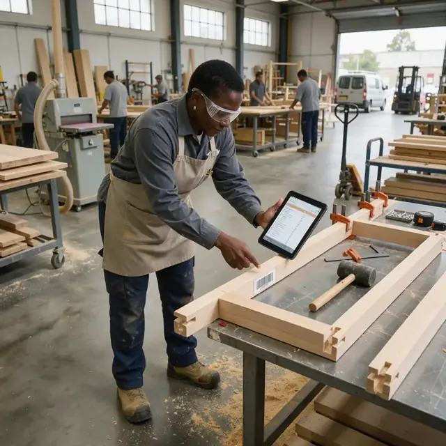 a woodworker scanning a barcode on a partially assembled desk frame in the assembly area with a tablet showing the job routing sheet
