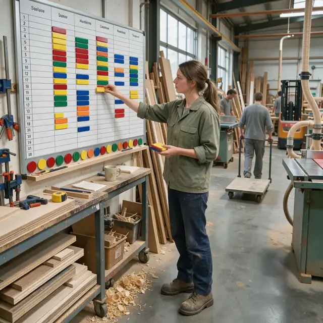 a large wall-mounted production schedule board in a woodworking shop with colored magnets showing jobs at each machine station