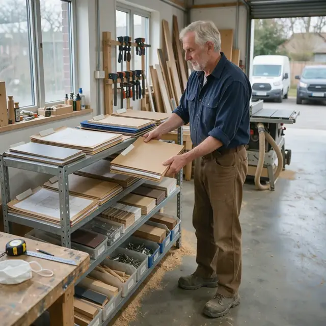 a woodworker organizing stacks of project folders containing drawings and material samples on a metal shelving unit